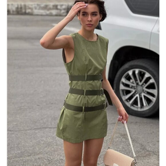Zara Short Waxed Dress With Belts Cargo Military Green S 5427/301 New - Picture 8 of 12
